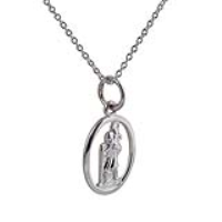 Silver 14x11mm oval pierced St Christopher Pendant with a 1mm wide rolo Chain 20 inches