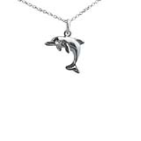 Silver 14x17mm leaping Dolphin Pendant with a 1mm wide rolo Chain