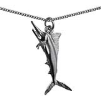 Silver 14x40mm solid Swordfish Pendant with a 1.3mm wide curb Chain