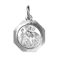 Silver 15x15mm octagonal diamond cut edge St Christopher Pendant