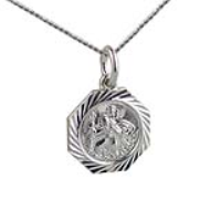 Silver 15x15mm octagonal diamond cut edge St Christopher Pendant with a 1.3mm wide curb Chain 20 inches