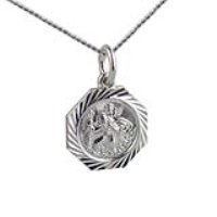 Silver 15x15mm octagonal diamond cut edge St Christopher Pendant with a 1.3mm wide curb Chain 22 inches