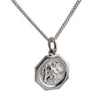 Silver 15x15mm octagonal St Christopher Pendant with a 1.3mm wide curb Chain 18 inches