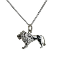 Silver 15x23mm solid Lion Pendant with a 1.3mm wide curb Chain 18 inches