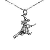 Silver 15x25mm solid Witch on a Broomstick Pendant with a 1mm wide rolo Chain 16 inches Only Suitable for Children