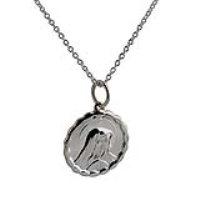 Silver 16mm round Our Lady of Sorrows with Fancy edge Pendant with a 1mm wide rolo Chain 20 inches