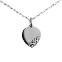 Silver 16x14mm hand engraved heart Disc Pendant with a 1mm wide rolo Chain