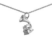 Silver 17x11mm Gramaphone Pendant with a 1mm wide rolo Chain 20 inches