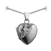 Silver 17x16mm heart shaped half hand engraved Locket with a 1mm wide rolo Chain