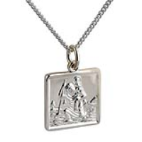 Silver 17x17mm square St Christopher Pendant with a 1.3mm wide curb Chain 20 inches