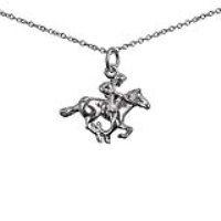 Silver 17x21mm galloping Horse and Jockey Pendant with a 1mm wide rolo Chain 22 inches