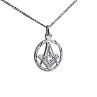 Silver 18mm hand engraved Masonic emblem in a circle with G on a 1.3mm wide curb Chain