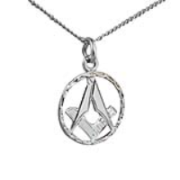 Silver 18mm hand engraved Masonic emblem in circle Pendant with a 1.3mm wide curb Chain 24 inches