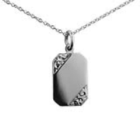 Silver 18x12mm hand engraved cut corner rectangular Disc Pendant with a 1mm wide rolo Chain 22 inches