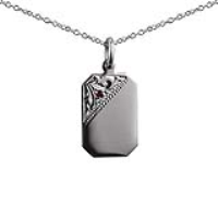 Silver 18x12mm hand engraved garnet set cut corner rectangular Disc Pendant with a 1mm wide rolo Chain 20 inches