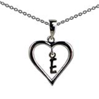 Silver 18x18mm Initial E in a Heart Pendant on a bail loop with a 1mm wide rolo Chain 20 inches