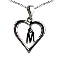 Silver 18x18mm Initial M in a Heart Pendant on a bail loop with a 1mm wide rolo Chain 20 inches