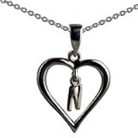 Silver 18x18mm Initial N in a Heart Pendant on a bail loop with a 1mm wide rolo Chain 22 inches