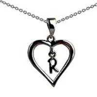 Silver 18x18mm Initial R in a Heart Pendant on a bail loop with a 1mm wide rolo Chain 18 inches