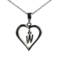 Silver 18x18mm Initial W in a Heart Pendant on a bail loop with a 1mm wide rolo Chain