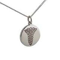 Silver 19mm round medical alarm Disc Pendant with vitreous red enamel on a 1.3mm wide curb Chain 24 inches