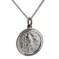Silver 20mm round diamond cut edge St Christopher Pendant with a 1.3mm wide curb Chain 18 inches