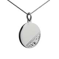 Silver 20mm round hand engraved Disc Pendant with a 1.3mm wide curb Chain 18 inches