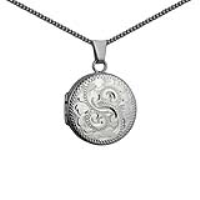 Silver 20mm round hand engraved flat Locket with a 1.3mm wide curb Chain 20 inches