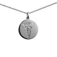Silver 20mm round hand engraved medical alarm symbol Disc Pendant with a 1.3mm wide curb Chain 22 inches