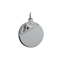 Silver 20mm round hand engraved set with garnet Disc Pendant