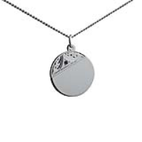 Silver 20mm round hand engraved set with garnet Disc Pendant with a 1.3mm wide curb Chain 24 inches