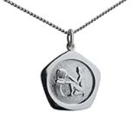 Silver 21mm five sided pentagon Aquarius Zodiac Pendant with a 1.3mm wide curb Chain 20 inches