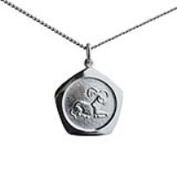 Silver 21mm five sided pentagon Aries Zodiac Pendant with a 1.3mm wide curb Chain 18 inches
