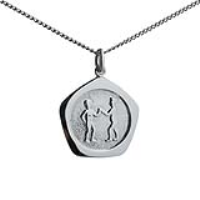 Silver 21mm five sided pentagon Gemini Zodiac Pendant with a 1.3mm wide curb Chain
