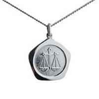 Silver 21mm five sided pentagon Libra Zodiac Pendant with a 1.3mm wide curb Chain 20 inches