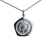 Silver 21mm five sided pentagon Pisces Zodiac Pendant with a 1.3mm wide curb Chain 22 inches