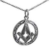 Silver 21mm hand engraved Masonic emblem in a circle Pendant with a 1.3mm wide curb Chain 24 inches