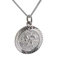 Silver 21mm round diamond cut edge St Christopher Pendant with a 1.3mm wide curb Chain 24 inches