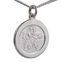 Silver 21mm round St Christopher Pendant with a 1.3mm wide curb Chain 22 inches