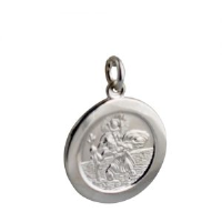Silver 21mm round St Christopher Pendant with car boat train plane on back