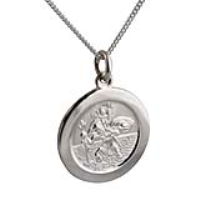 Silver 21mm round St Christopher Pendant with car boat train plane on back with a 1.3mm wide curb Chain 24 inches