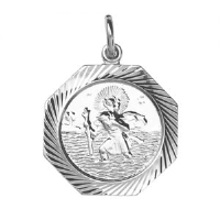 Silver 21x21mm hexagonal diamond cut edge St Christopher Pendant