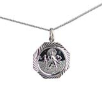 Silver 21x21mm hexagonal diamond cut edge St Christopher Pendant with a 1.3mm wide curb Chain 20 inches