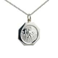 Silver 21x21mm hexagonal St Christopher Pendant with a 1.3mm wide curb Chain 18 inches