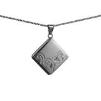 Silver 22mm diamond shaped half hand engraved flat Locket with a 1.3mm wide curb Chain 24 inches