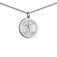 Silver 22mm round Aquarius Zodiac Disc Pendant with a 1.3mm wide curb Chain