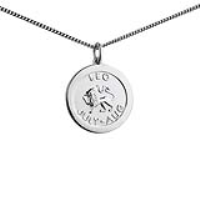 Silver 22mm round Leo Zodiac Disc Pendant with a 1.3mm wide curb Chain 24 inches
