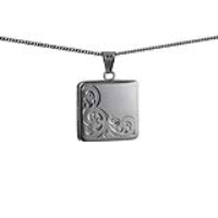 Silver 22mm square half hand engraved flat Locket with a 1.3mm wide curb Chain 18 inches