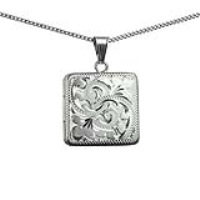Silver 22mm square hand engraved flat Locket with a 1.3mm wide curb Chain 18 inches