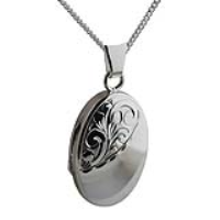 Silver 22x15mm oval half hand engraved Locket with a 1.3mm wide curb Chain 18 inches